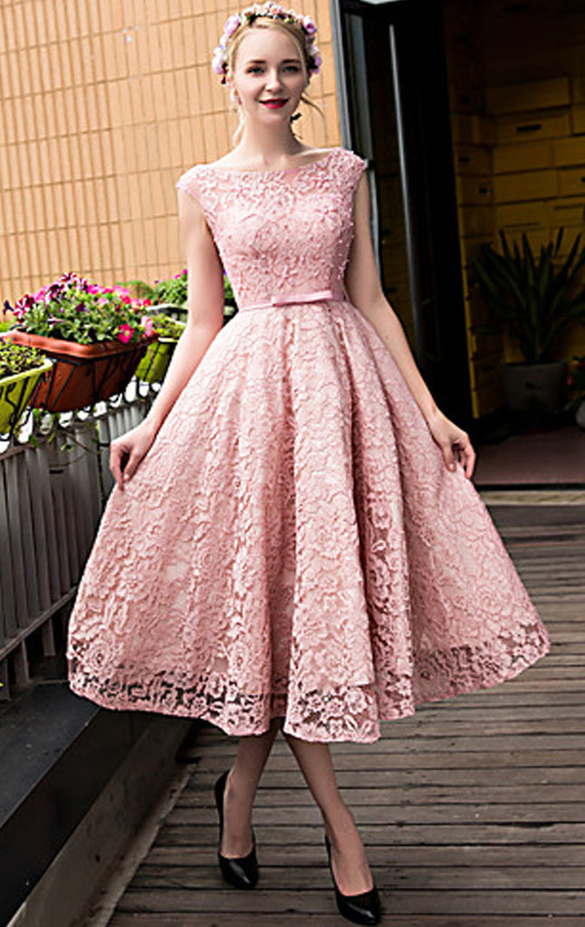 MACloth Cap Sleeves Lace Cocktail Dress Pink Midi Wedding Party Formal