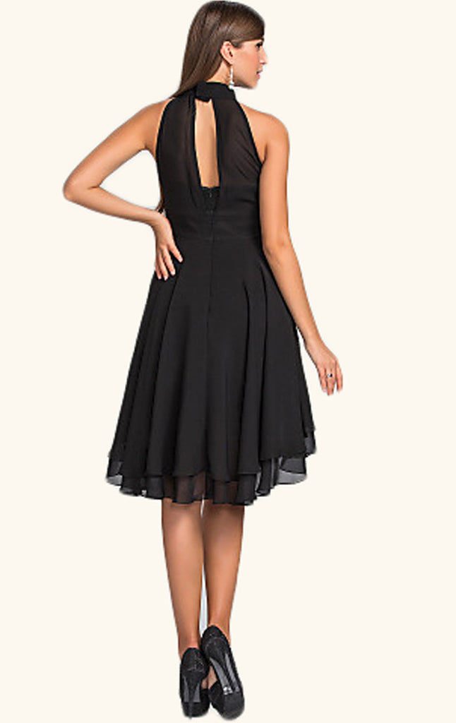 Macloth Halter High Low Chiffon Cocktail Dress Black Wedding Party For 