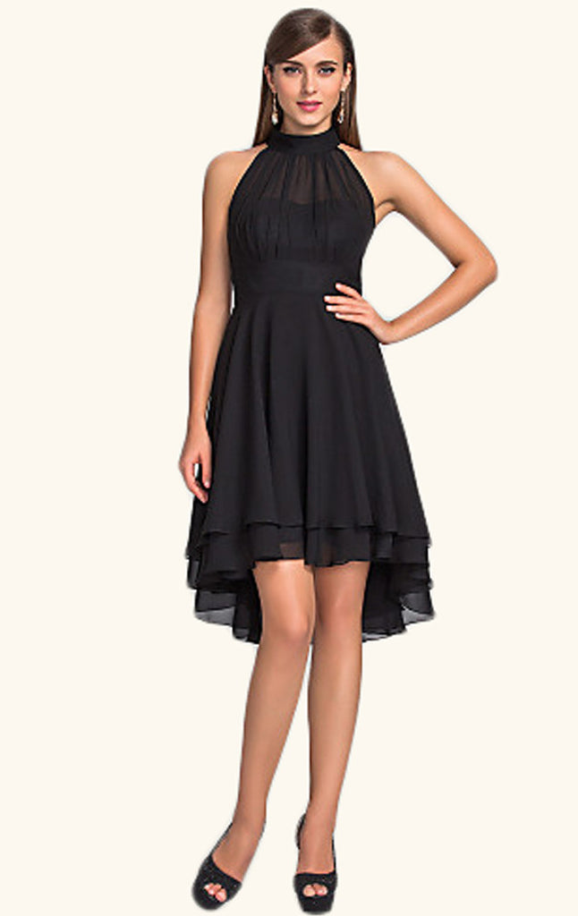 MACloth Halter High Low Chiffon Cocktail Dress Black Wedding Party For