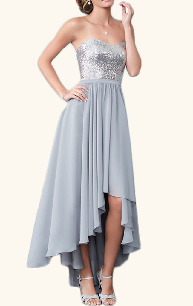 Macloth Strapless High Low Sequin Chiffon Cocktail Dress Silver Weddin