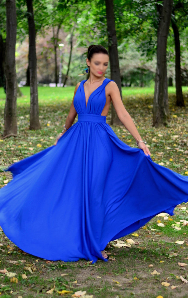 Macloth Deep V Neck Jersey Sexy Prom Dress Royal Blue Formal Evening G 1150