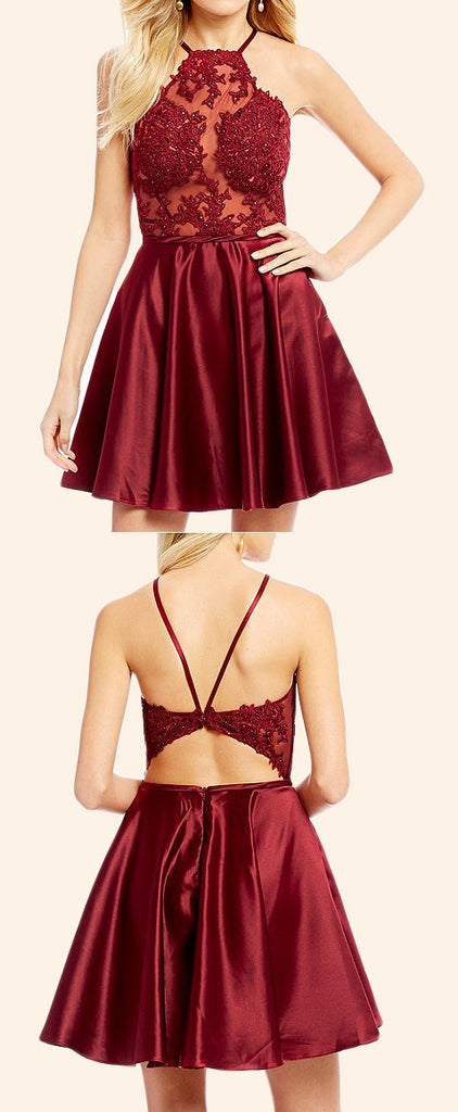 MACloth Halter Lace Satin Mini Prom Homecoming Dress Burgundy Formal G