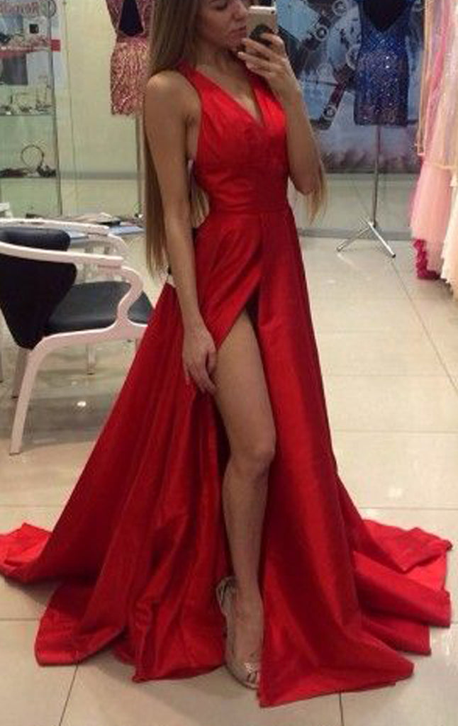 Macloth Sexy Deep V Neck Satin Long Prom Homecoming Dress Red Formal G 1802