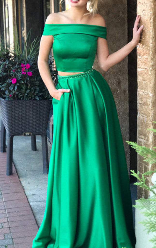 MACloth Off the Shoulder Two Piece Green Long Prom Dress Formal Evenin