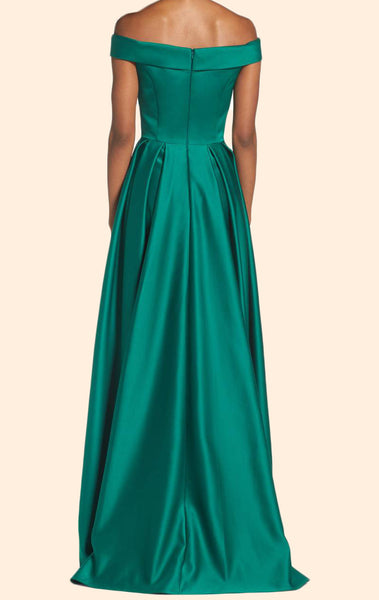 MACloth Off the Shoulder Satin Green Long Prom Dress Elegant Formal Ev