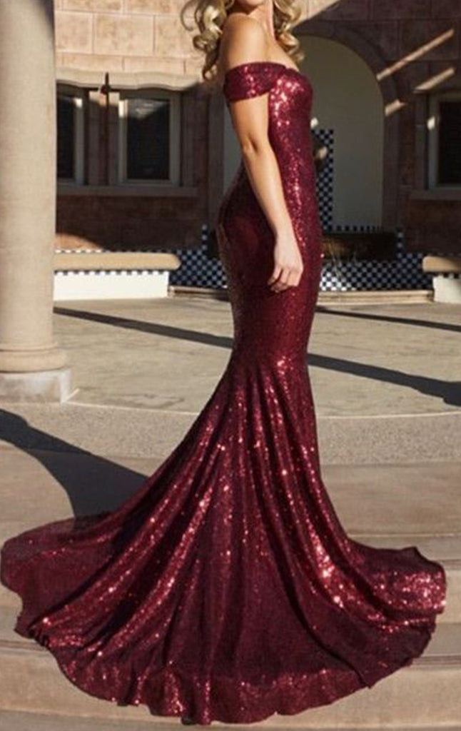 burgundy glitter prom dress