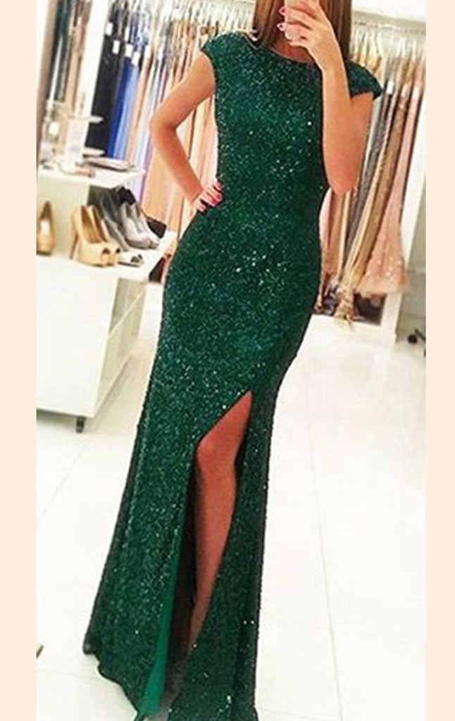 sequin green prom dress