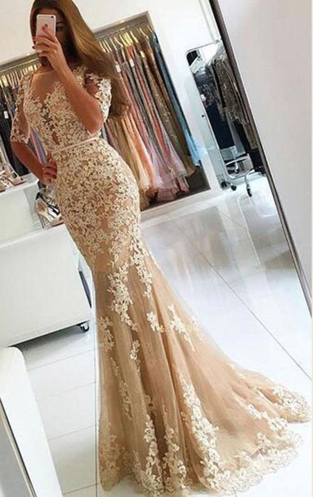 champagne evening dress with sleeves