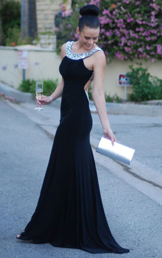 MACloth Halter Black  Jersey Long  Prom  Dress  Open  Back  