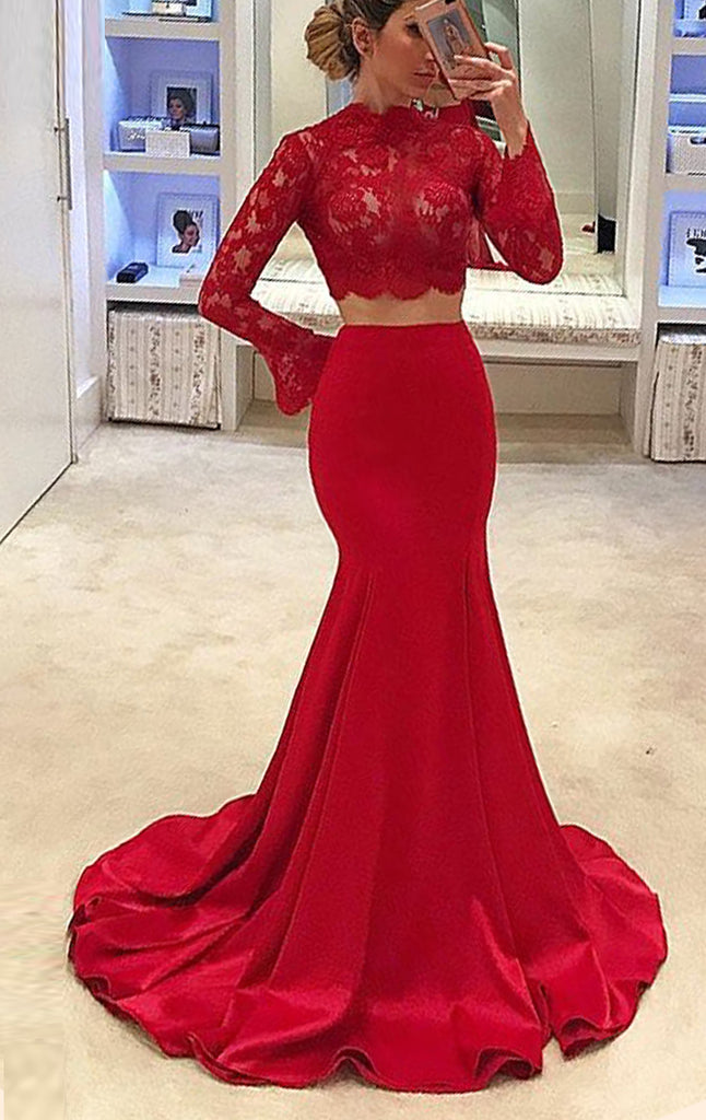 Macloth Mermaid Long Sleeves Lace Red Prom Dress Long Formal Evening G 1711