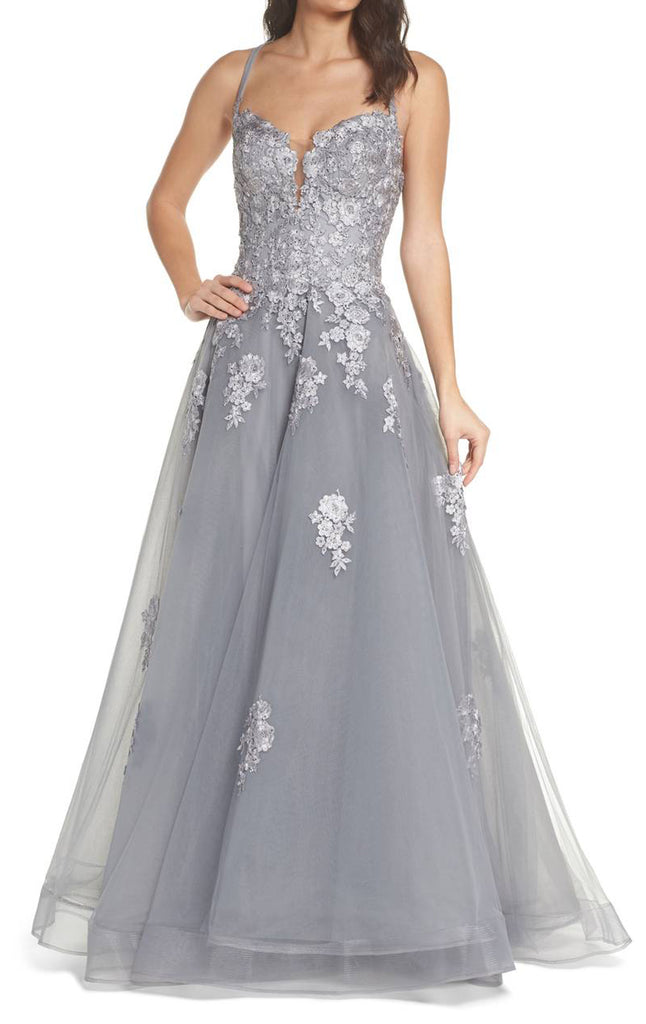 silver spaghetti strap prom dress