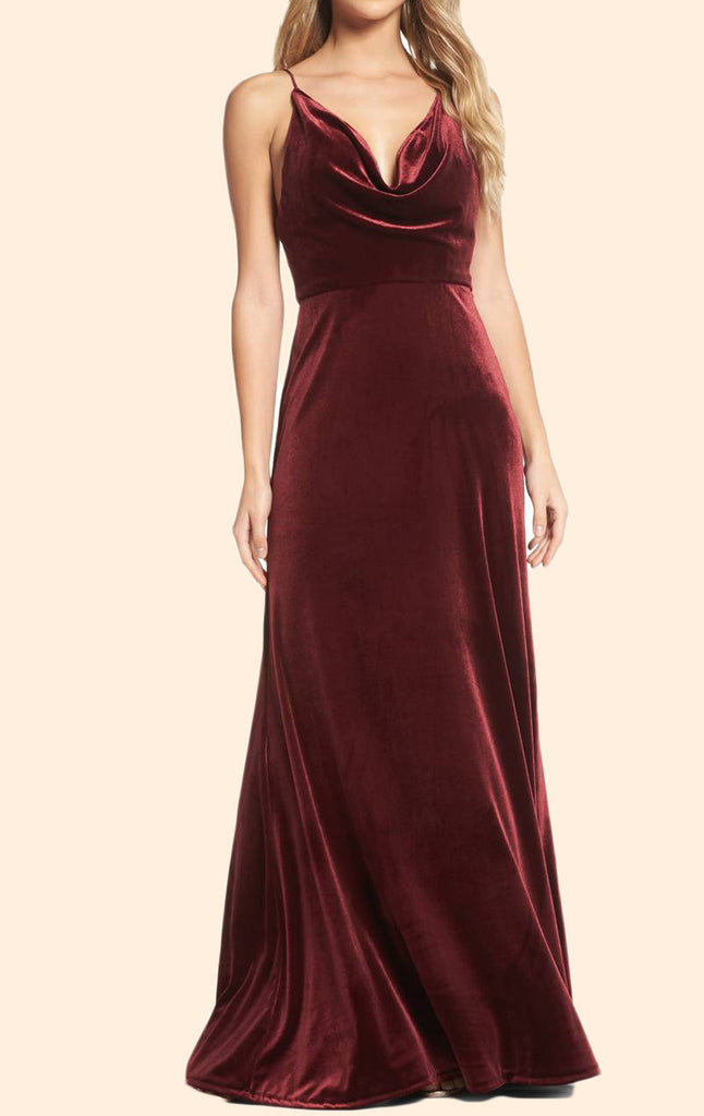 Macloth Halter Cowl Neck Velvet Long Formal Evening Gown Simple Burgun 