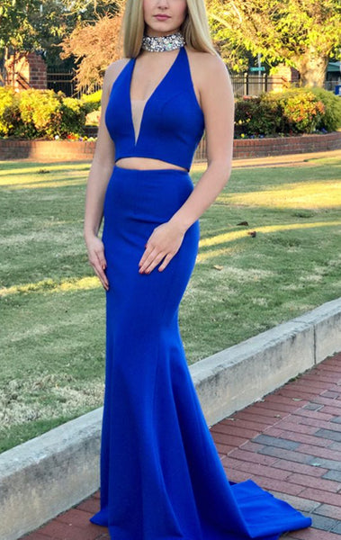 MACloth High Neck Sexy 2 Piece Mermaid Prom Dress Royal Blue Formal Ev