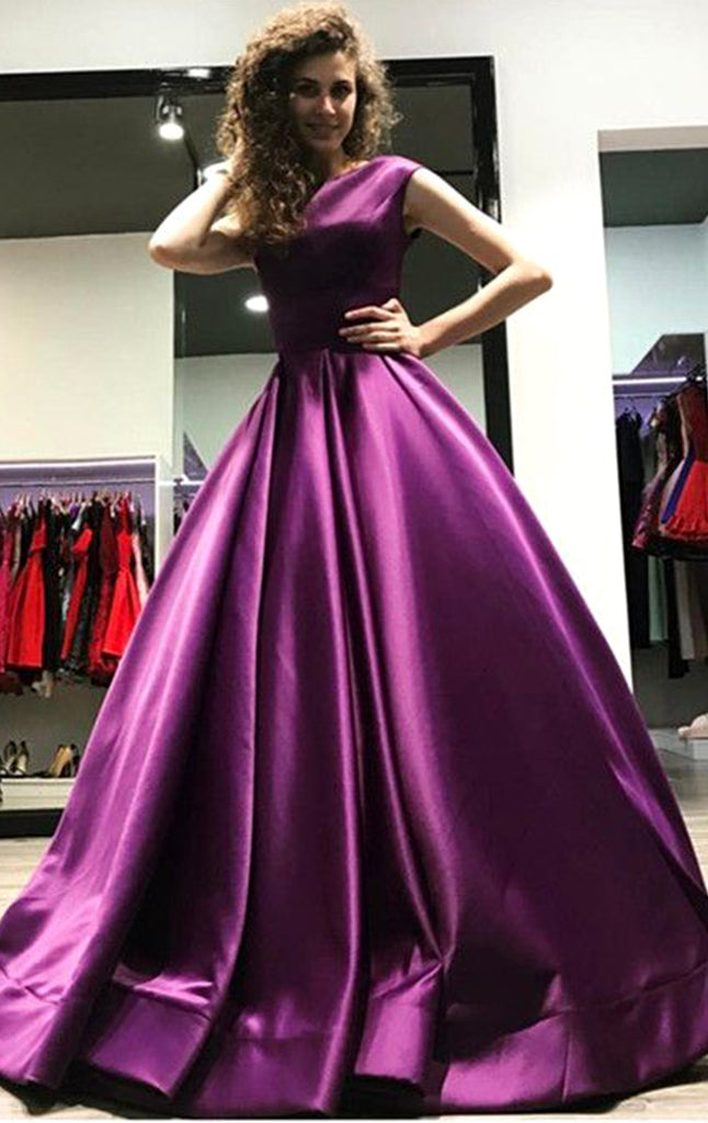 Macloth Boat Neck Satin Ball Gown Prom Dress Purple Formal Evening Gow 