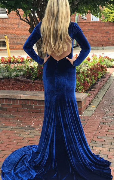 Macloth Mermaid Long Sleeves Velvet Royal Blue Prom Dress V Neck Forma 3658