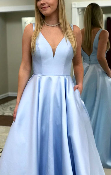 Macloth Illusion V Neck Satin Long Prom Dress Sky Blue Formal Evening 0455