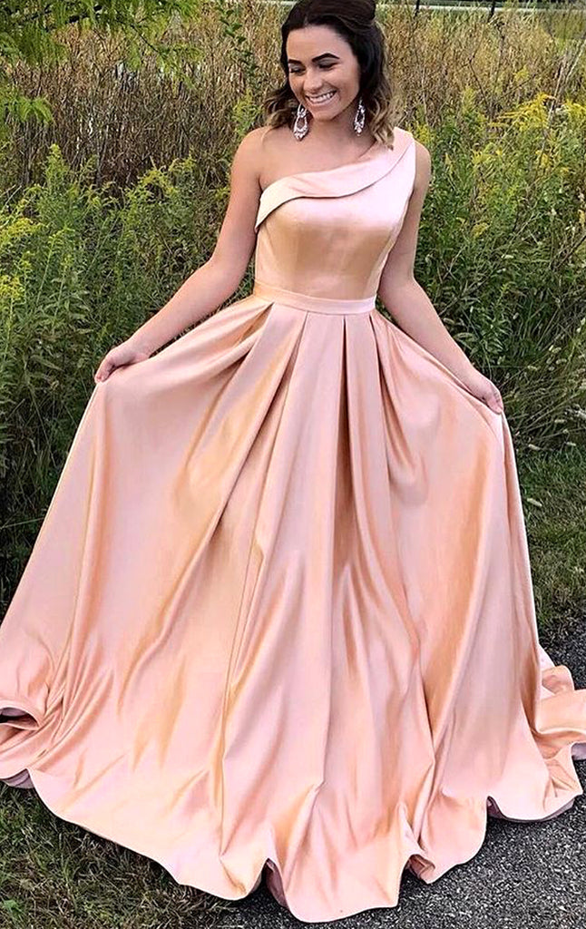 Macloth One Shoulder Long Satin Prom Dress Pink Formal Evening Gown 5286