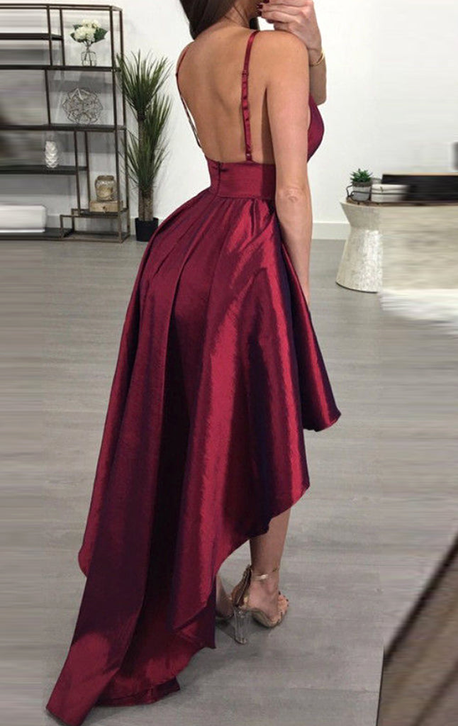 Macloth Straps Deep V Neck High Low Prom Dress Burgundy Sexy Formal Ev 6029