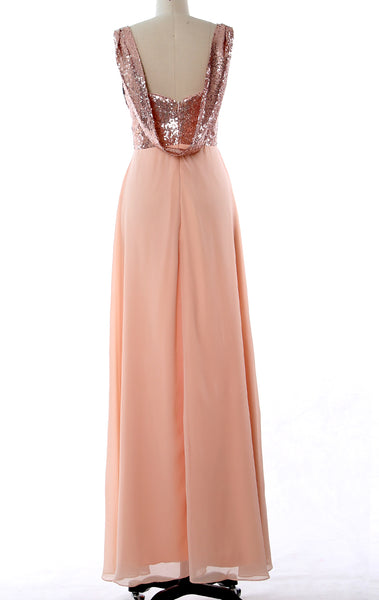 MACloth Straps Sequin Chiffon Long Bridesmaid Dress Simple Prom Gown