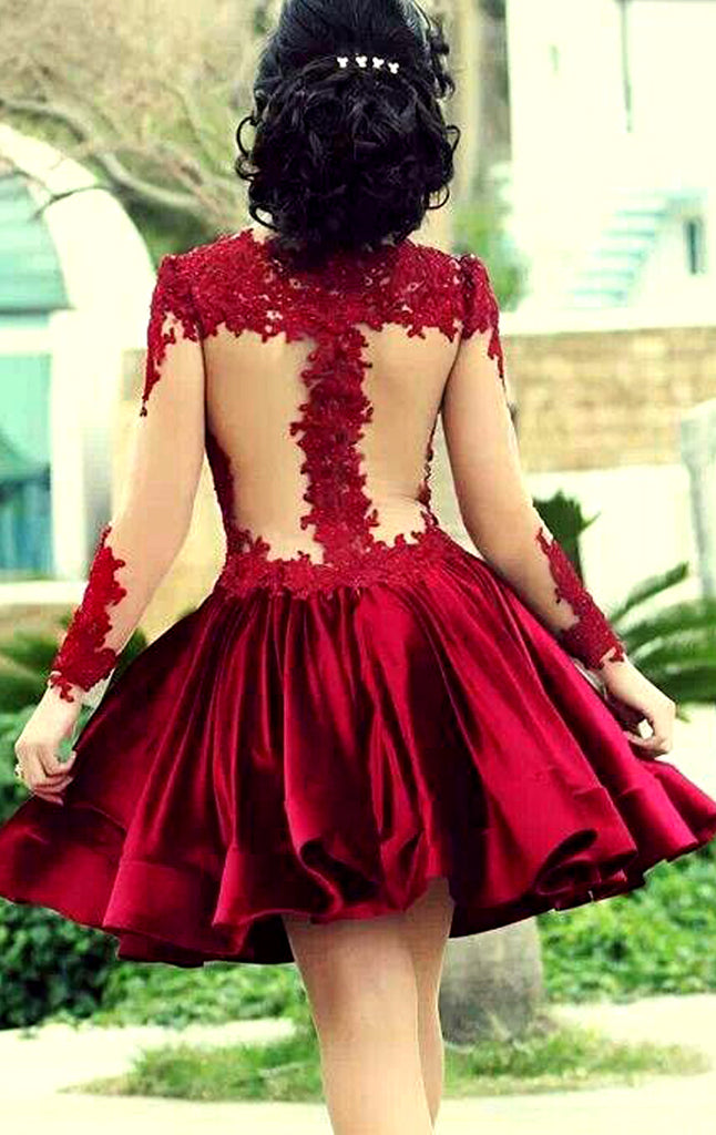 MACloth Long Sleeves Illusion Red Mini Prom Homecoming Dress Lace Wedd