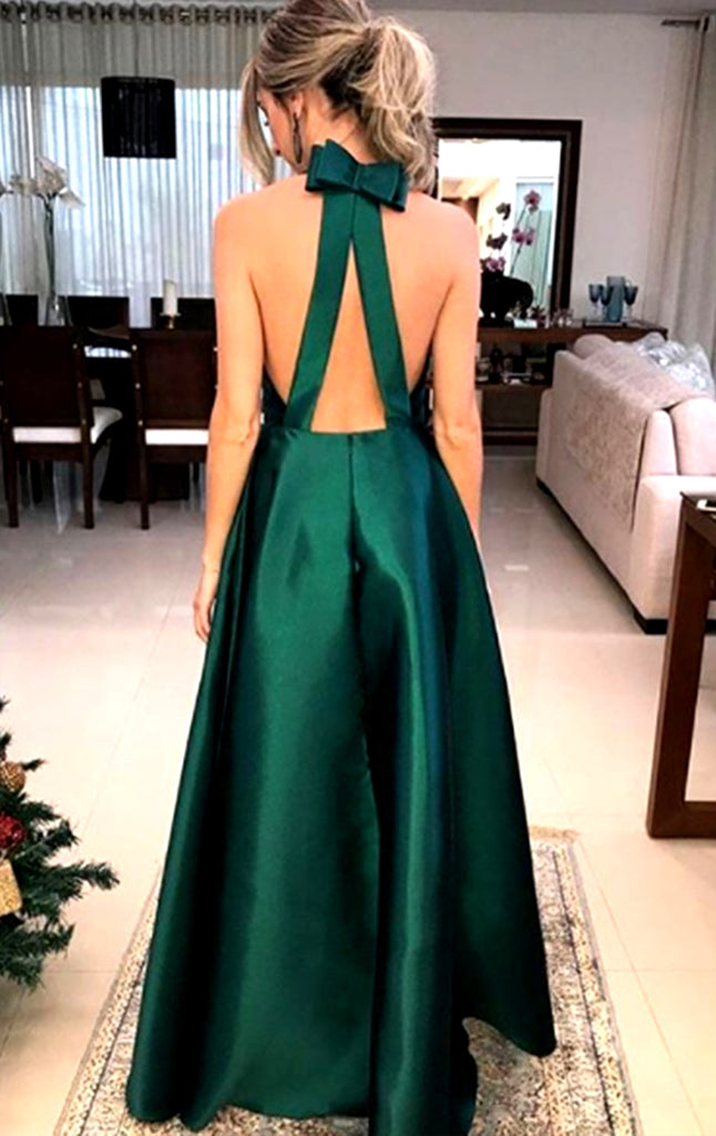 Macloth Halter V Neck Satin Long Prom Dress Green Formal Evening Gown 1232