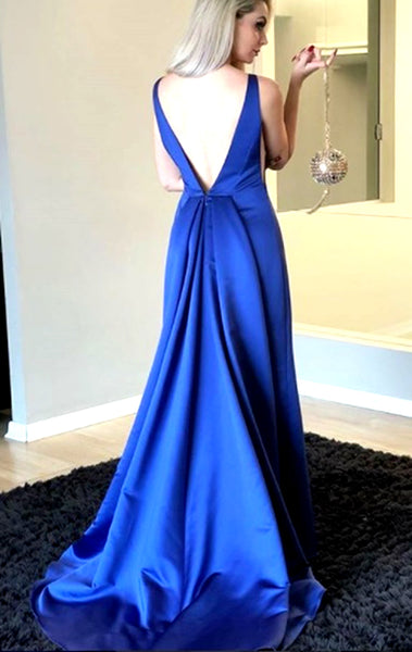 Macloth Deep V Neck Sheath Long Prom Dress Royal Blue Formal Evening G 