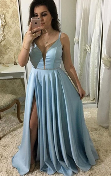 MACloth Straps Deep V Neck Long Prom Dress Sky Blue Formal Evening Gow