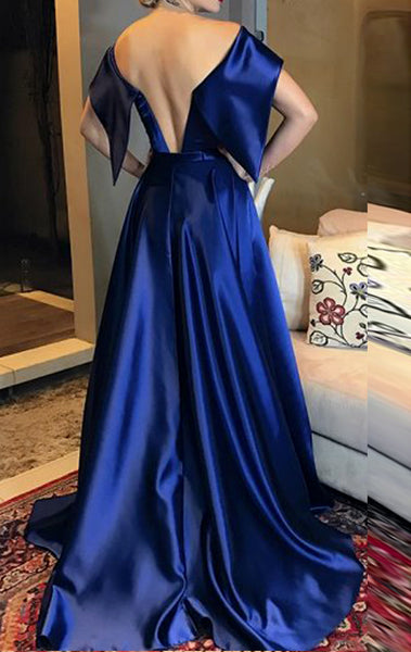 Macloth Boat Neck Long Satin Prom Dress Royal Blue Formal Evening Gown 1211