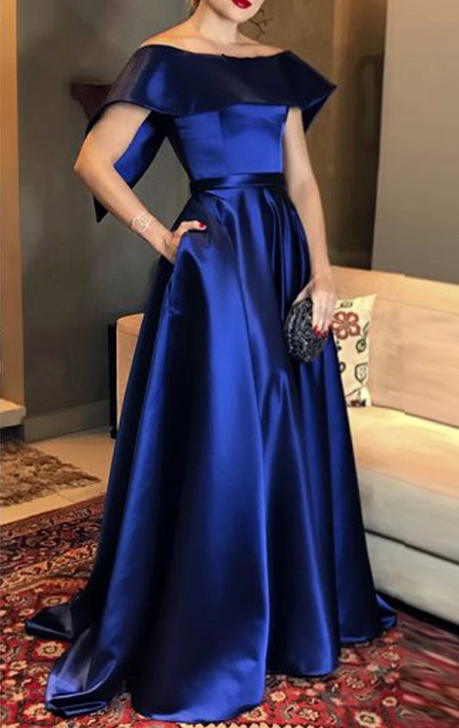 MACloth Boat Neck Long Satin Prom Dress Royal Blue Formal Evening Gown