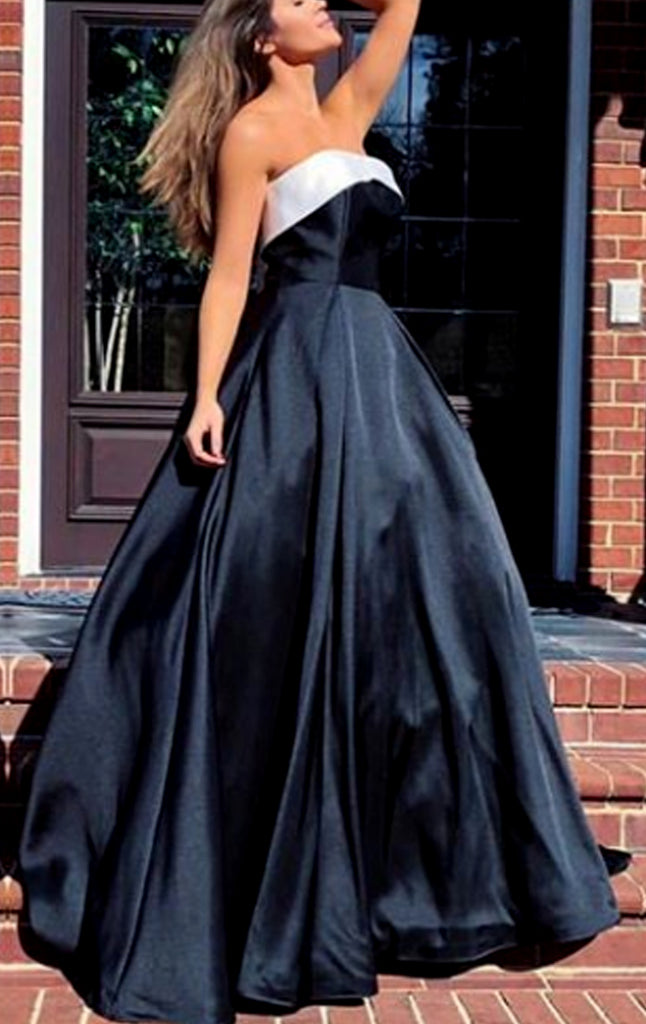 strapless black satin dress