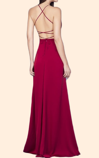 MACloth Spaghetti Straps V Neck Chiffon Long Prom Dress Red Formal Eve