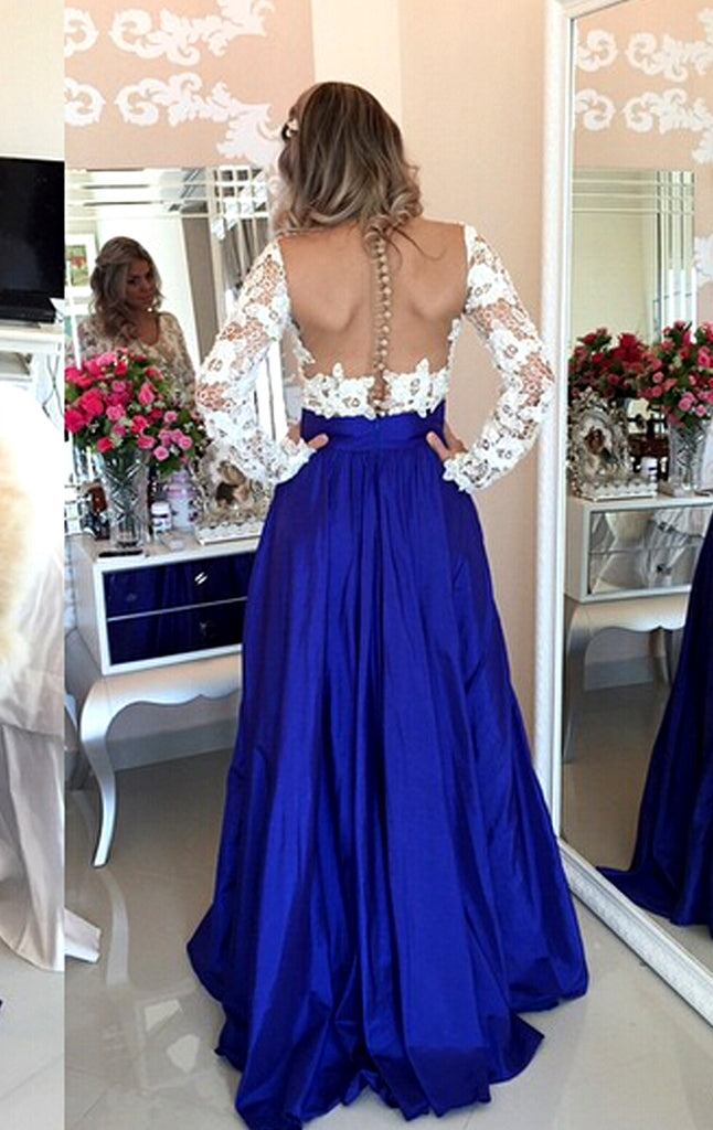 Macloth V Neck Long Sleeves Lace Chiffon Long Prom Dress Royal Blue Fo 1564