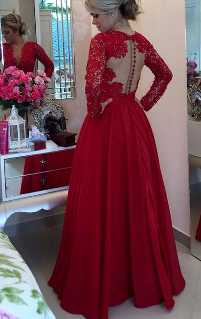 MACloth V Neck Long Sleeves Lace Long Prom Dress Red Formal Evening Go