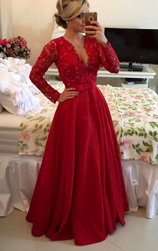 red evening dress with sleeves