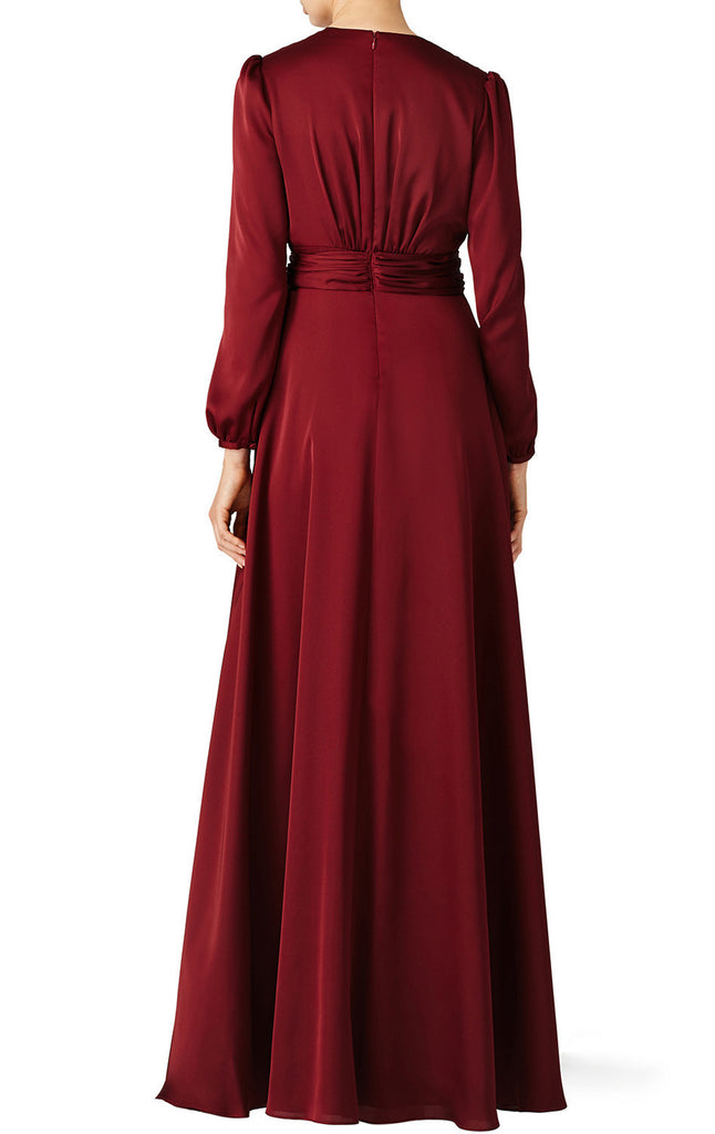 MACloth Long Sleeve V Neck Evening Gown Burgundy Mother of the Brides