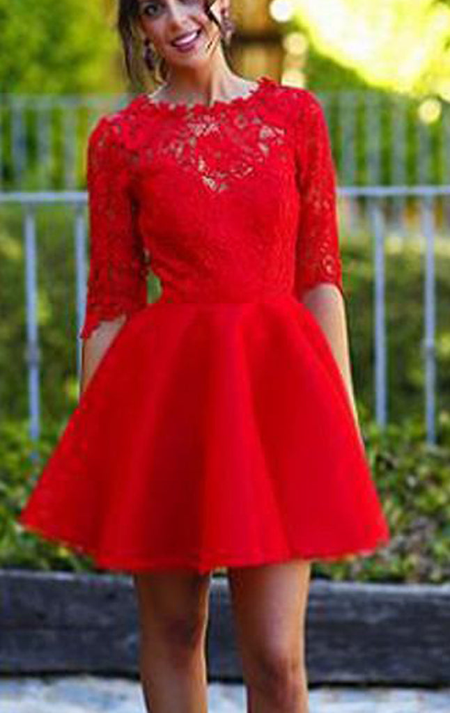 MACloth Half Sleeves Lace Satin Mini Prom Homecoming Dress Red Wedding