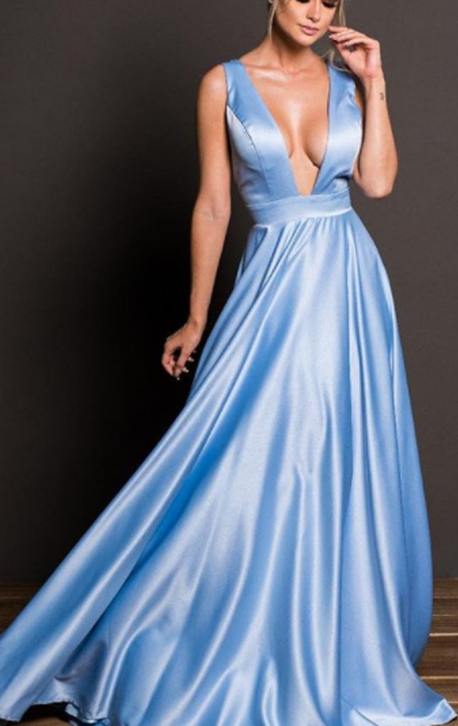 Macloth Deep V Neck Satin Long Prom Dress Sky Blue Formal Evening Gown 