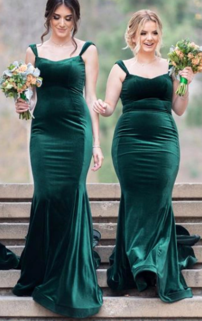 MACloth Mermaid Straps Velvet Long Bridesmaid Dress Green Formal Eveni