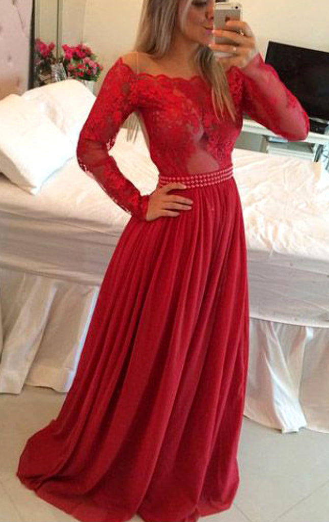 red evening dress long sleeve