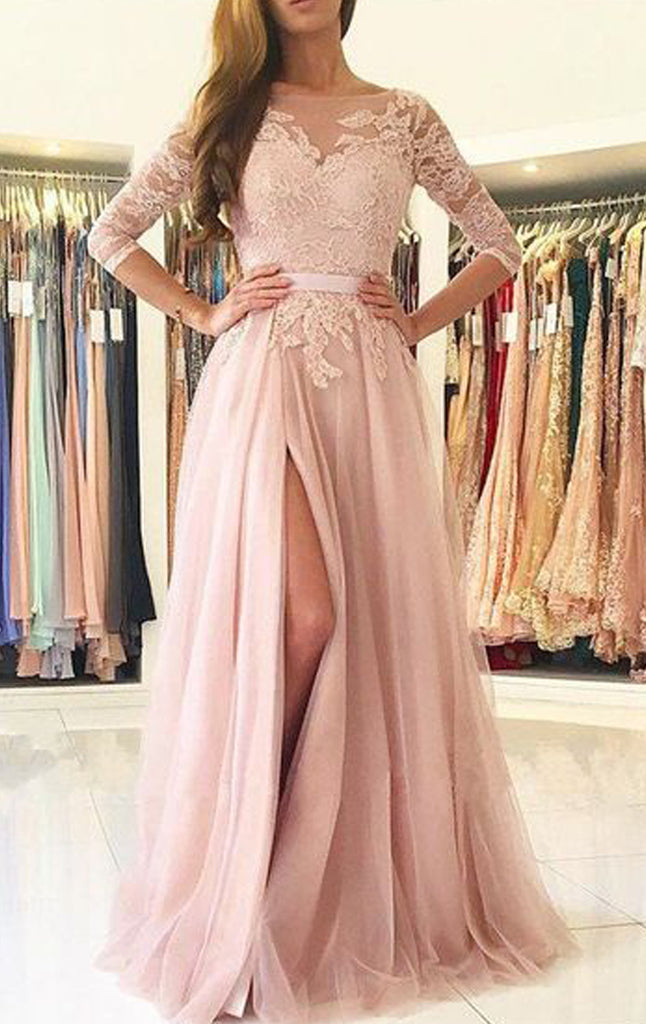 blush pink gown with sleeves