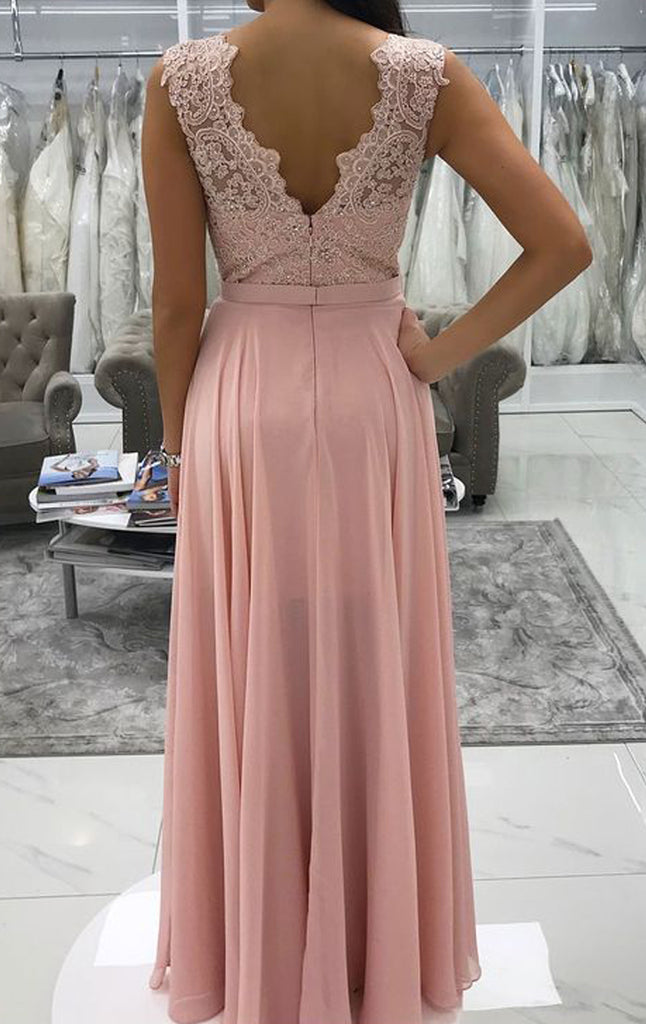 Macloth V Neck Lace Chiffon Long Prom Dress Pink Formal Evening Gown 