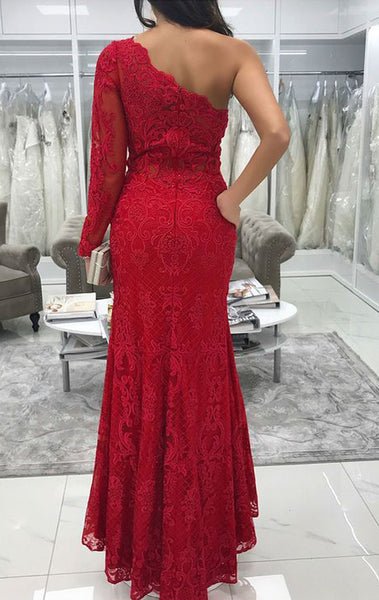 MACloth Sheath Long Sleeves One Shoulder Lace Prom Dress Red Wedding P