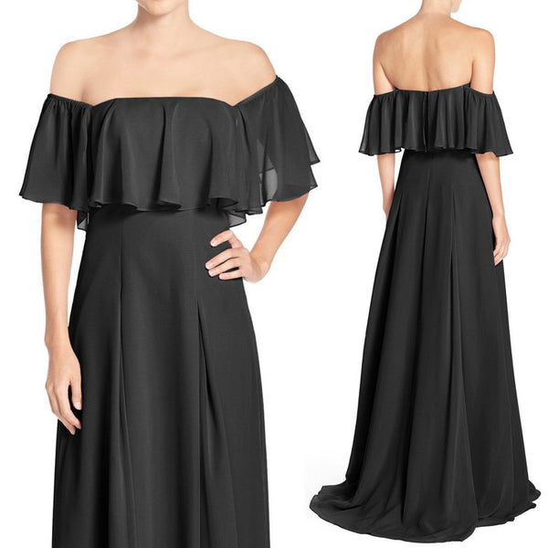 MACloth Off the Shoulder Chiffon Long Bridesmaid Dress Black Evening F