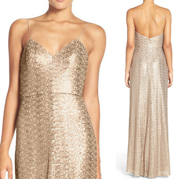 Macloth Straps V Neck Sequin Long Bridesmaid Dress Rose Gold Formal Go 5222