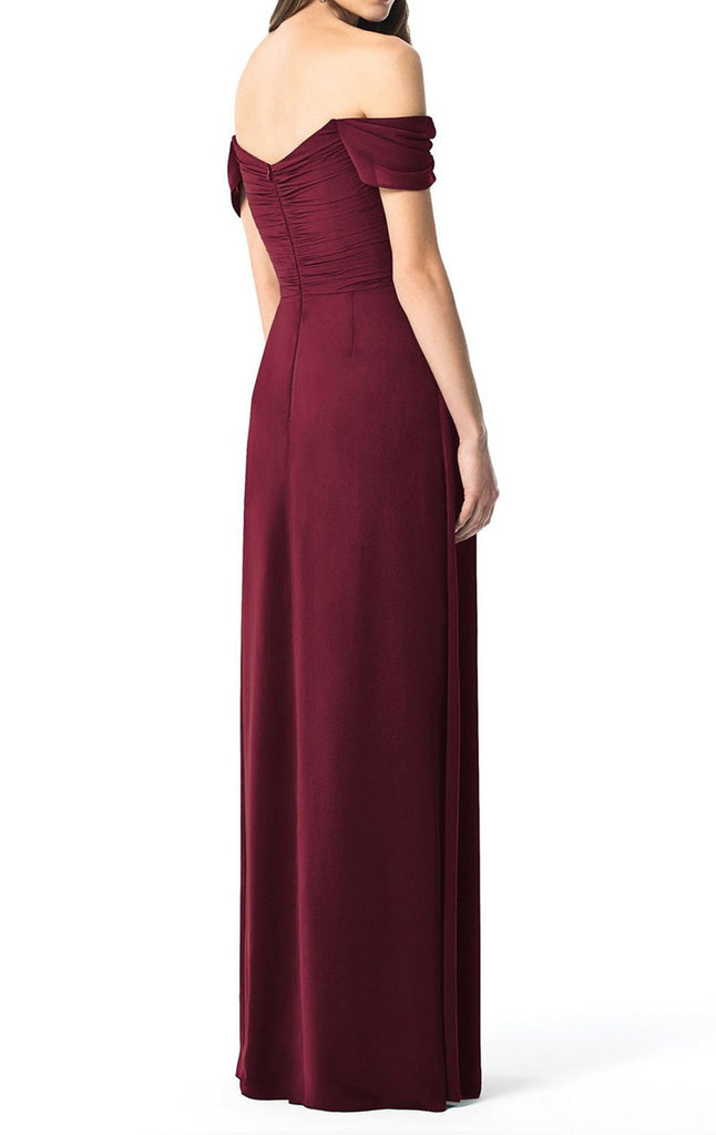 burgundy off the shoulder bridesmaid dress