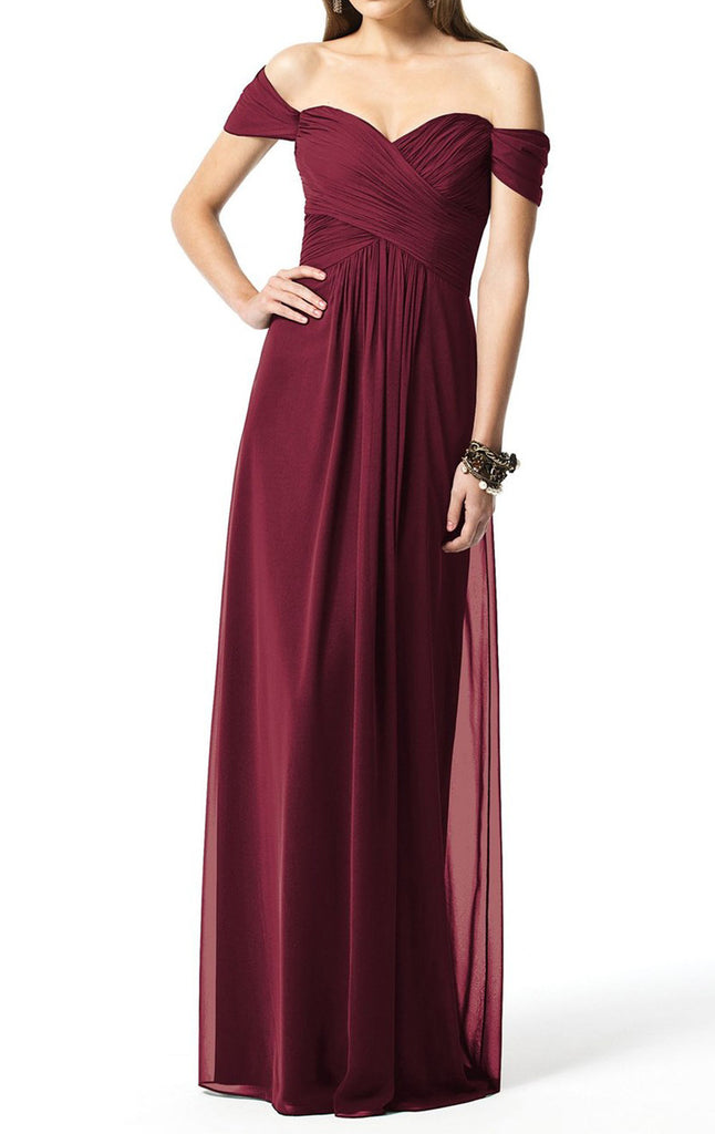 burgundy off the shoulder bridesmaid dress