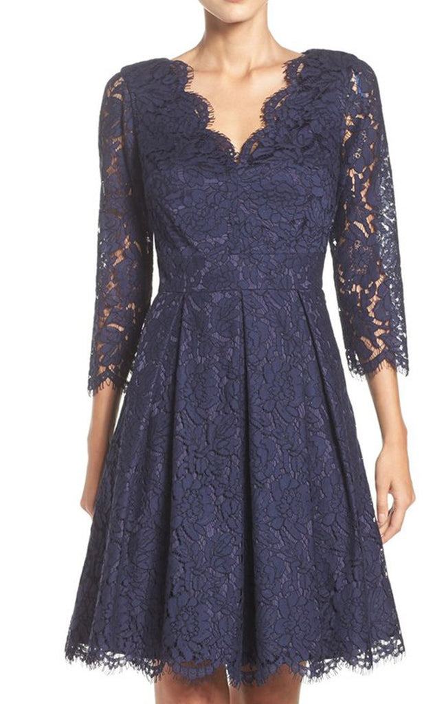 Macloth Half Sleeves V Neck Lace Dark Navy Cocktail Dress 4903