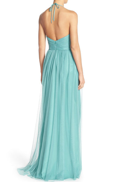 MACloth Halter V Neck Tulle Long Prom Dress Turquoise Formal Evening G