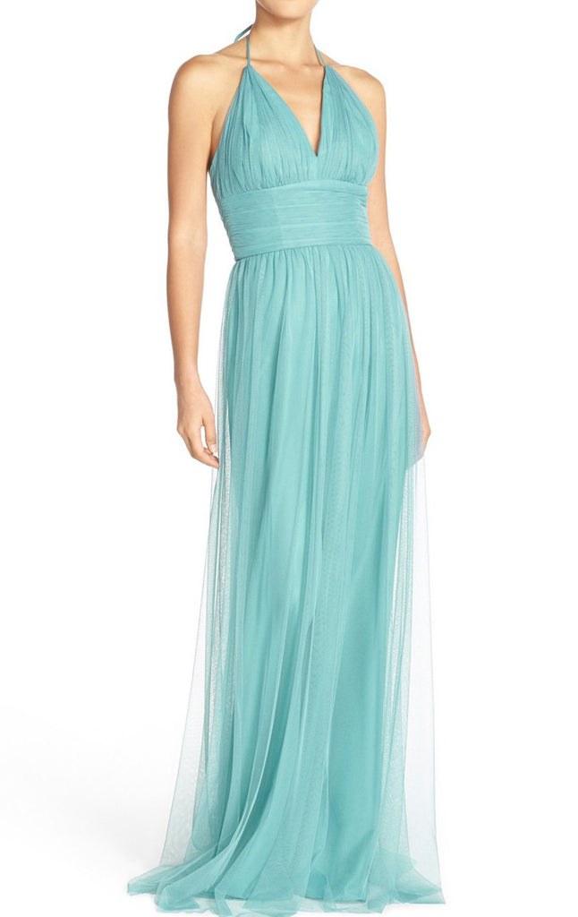 MACloth Halter V Neck Tulle Long Prom Dress Turquoise Formal Evening G