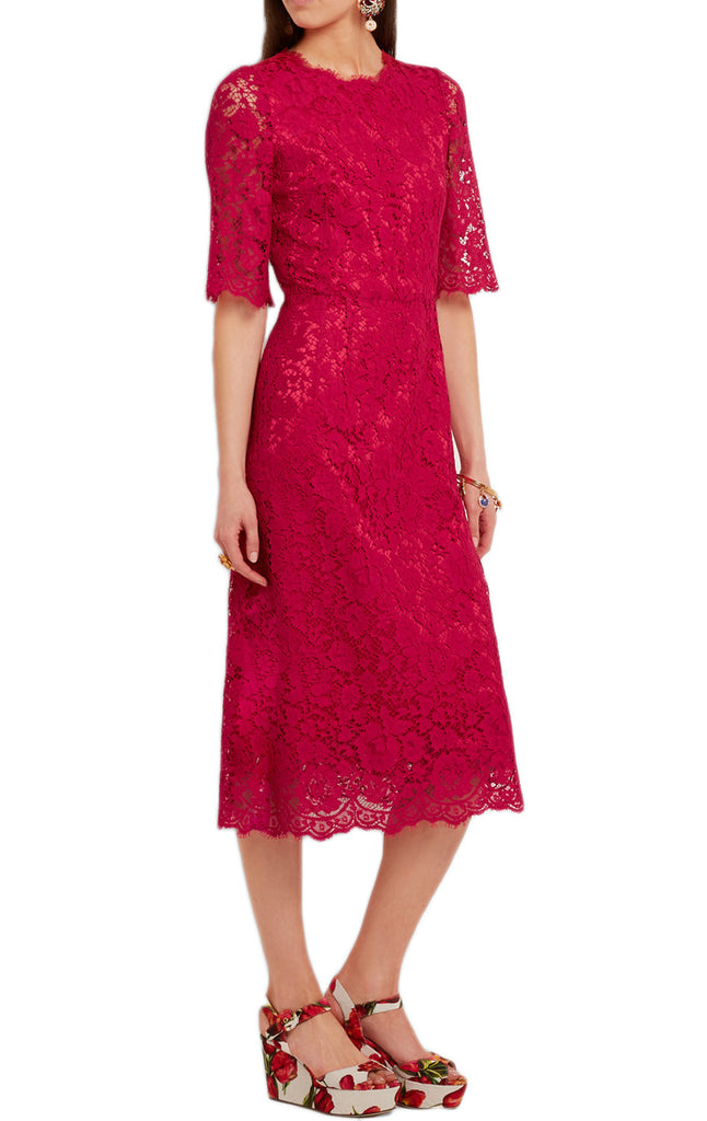 MACloth Half Sleeves Midi Cocktail Dress Luxury Lace Red Dress
